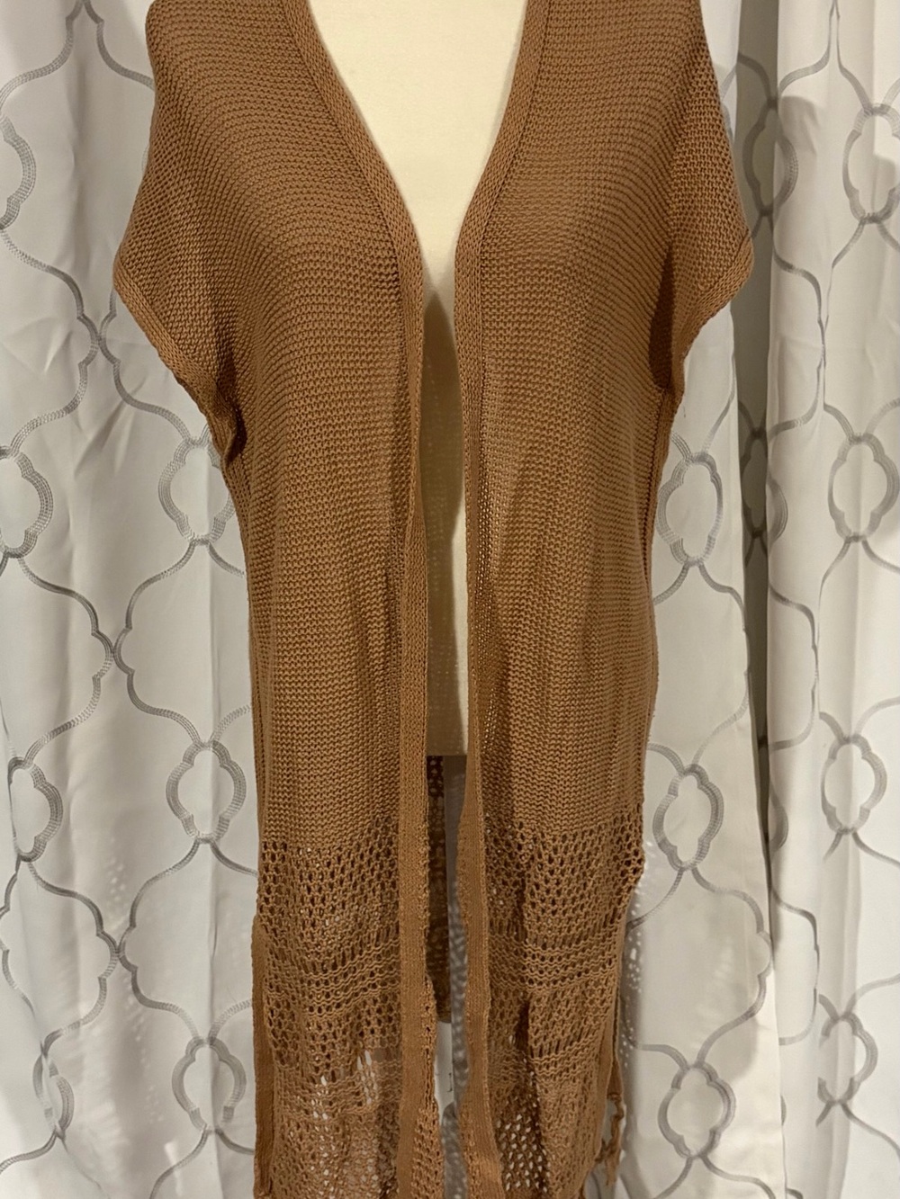 Old Navy Brown Tan Crochet Fringe Duster Cardigan Boho Ramie Cotton Size L